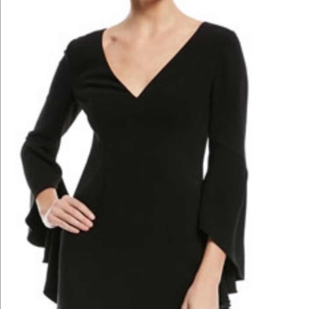 Halston Heritage Flounce Sleeve V Neck Dress Black